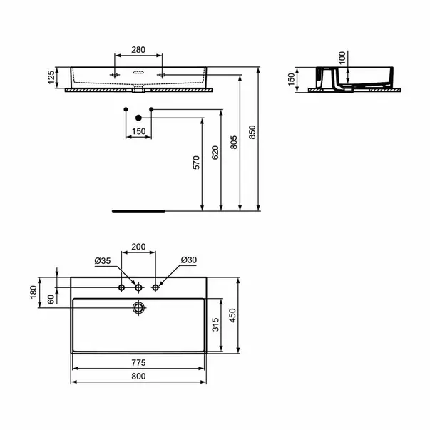 Lavoar suspendat Ideal Standard Atelier Extra cu 3 orificii baterie si preaplin alb lucios 80 cm [12]