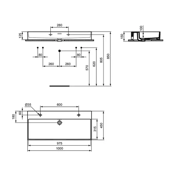Lavoar suspendat Ideal Standard Atelier Extra alb lucios cu 2 orificii baterie si preaplin 100 cm [10]