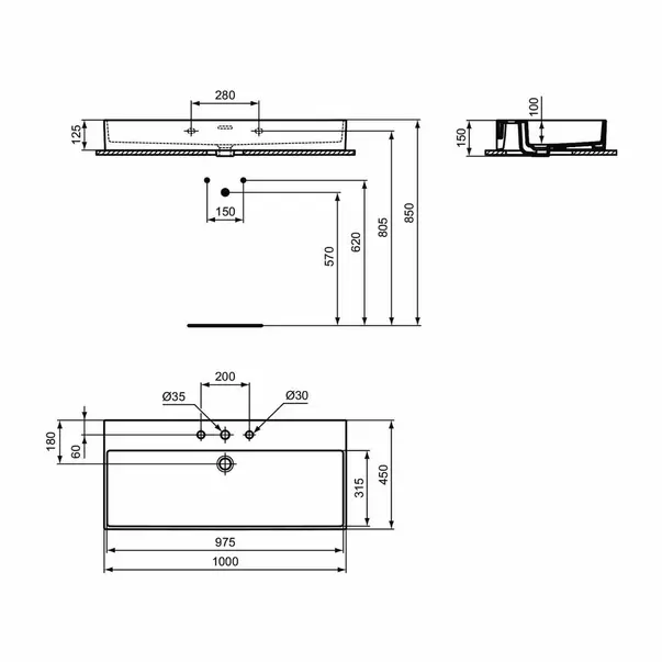 Lavoar suspendat Ideal Standard Atelier Extra cu 3 orificii baterie si preaplin alb lucios 100 cm [12]