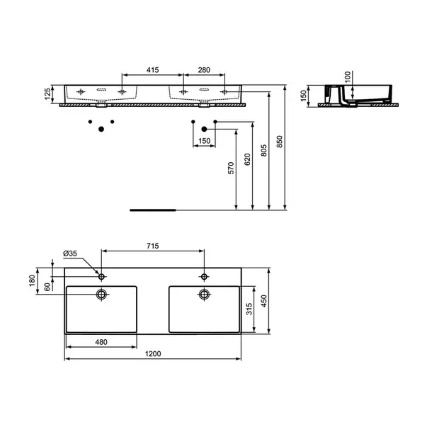 Lavoar suspendat Ideal Standard Atelier Extra alb lucios 120 cm cu orificii baterie si preaplin [11]