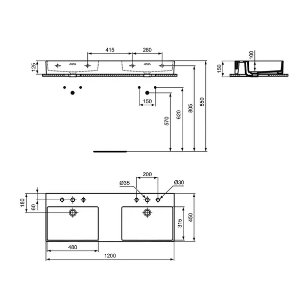 Lavoar suspendat Ideal Standard Atelier Extra alb lucios 120 cm cu 3 orificii baterie si preaplin [12]