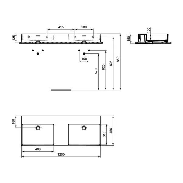 Lavoar suspendat Ideal Standard Atelier Extra alb lucios 120 cm cu orificii preaplin [9]
