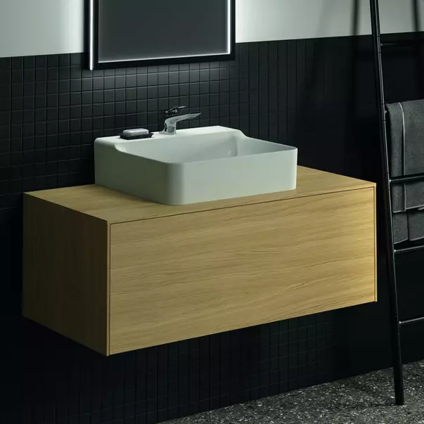 Dulap baza suspendat Ideal Standard Atelier Conca finisaj stejar deschis 1 sertar si blat cu decupaj central 100 cm [2]