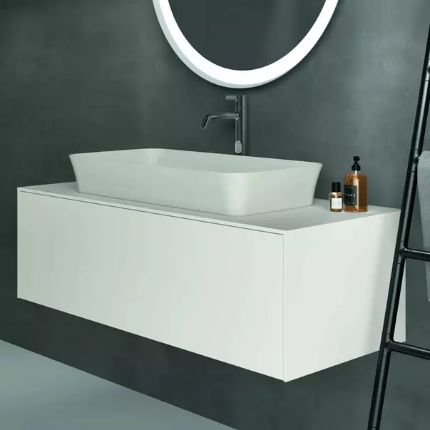 Mobilier Baie - Dulap baza suspendat Ideal Standard Atelier Conca alb mat 1 sertar si blat cu decupaj central 120 cm
