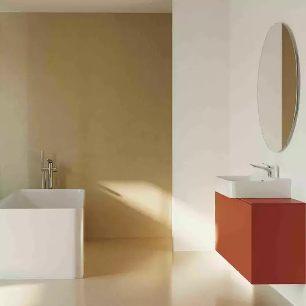 Mobilier Baie - Dulap baza suspendat Ideal Standard Atelier Conca 1 sertar si blat cu decupaj central 120 cm rosu - oranj mat