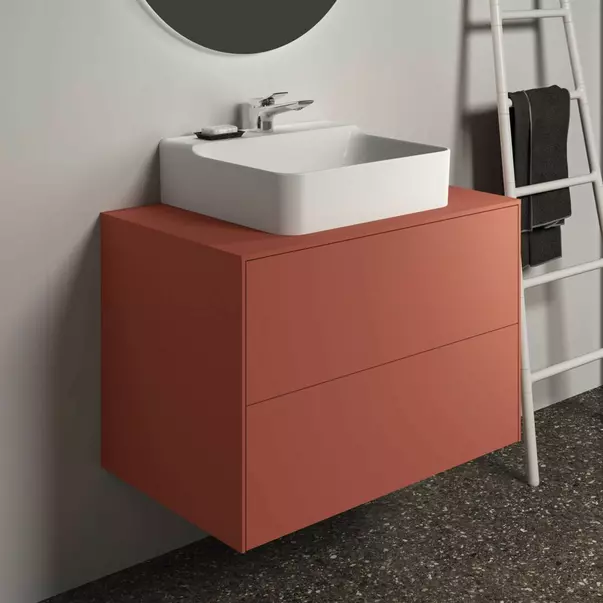  Dulapuri baie - Dulap baza suspendat Ideal Standard Atelier Conca rosu - oranj mat 2 sertare si blat cu decupaj central 80 cm