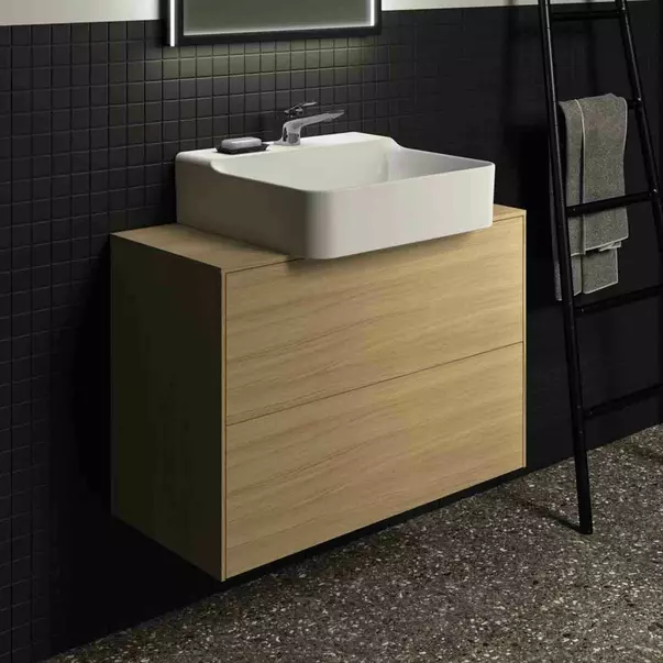 Mobilier Baie - Dulap baza suspendat Ideal Standard Atelier Conca 2 sertare si blat cu decupaj central 80 cm finisaj stejar deschis