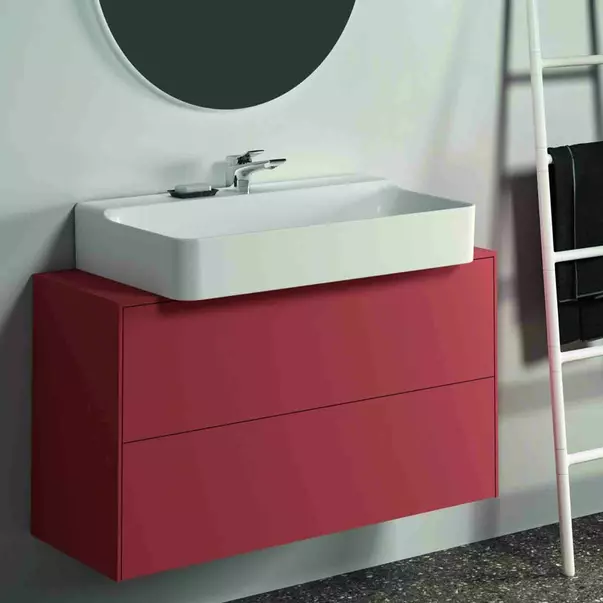 Mobilier Baie - Dulap baza suspendat Ideal Standard Atelier Conca 2 sertare si blat cu decupaj central 100 cm rosu - oranj mat