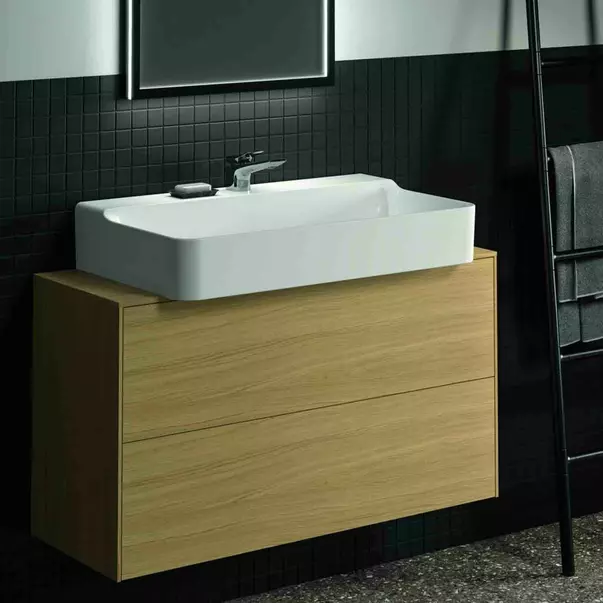 Mobilier Baie - Dulap baza suspendat Ideal Standard Atelier Conca 2 sertare si blat cu decupaj central 100 cm finisaj stejar deschis