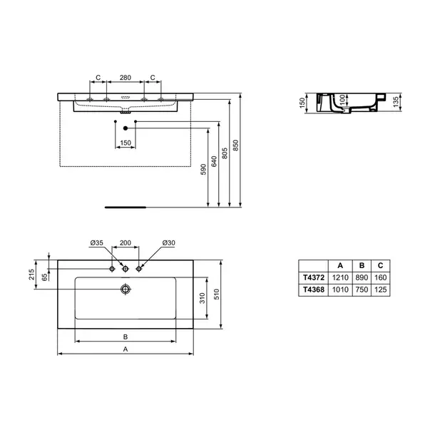 Lavoar pe mobilier Ideal Standard Atelier Extra alb lucios cu 3 orificii baterie 101 cm [8]