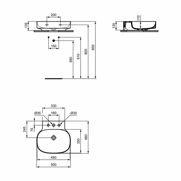 Lavoar suspendat Ideal Standard Atelier Linda-X alb lucios cu 3 orificii baterie 50 cm [11]