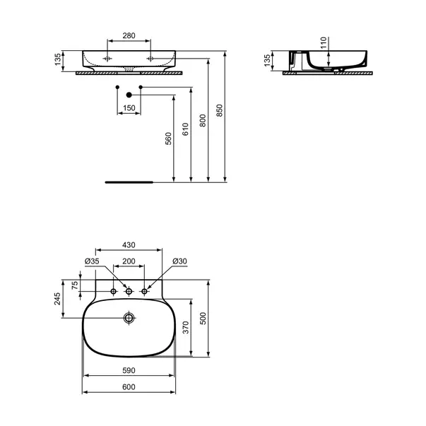 Lavoar suspendat Ideal Standard Atelier Linda-X 60 cm alb lucios cu 3 orificii baterie [12]