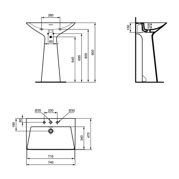 Lavoar freestanding Ideal Standard Atelier Tipo-Z alb lucios 74 cm cu 3 orificii baterie [12]