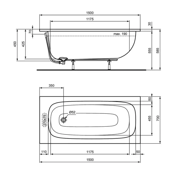 Cada dreptunghiulara Ideal Standard i.life alb lucios 150X70 cm [7]