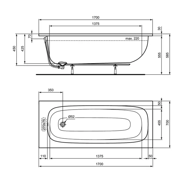 Cada dreptunghiulara Ideal Standard i.life alb lucios 170X70 cm [7]