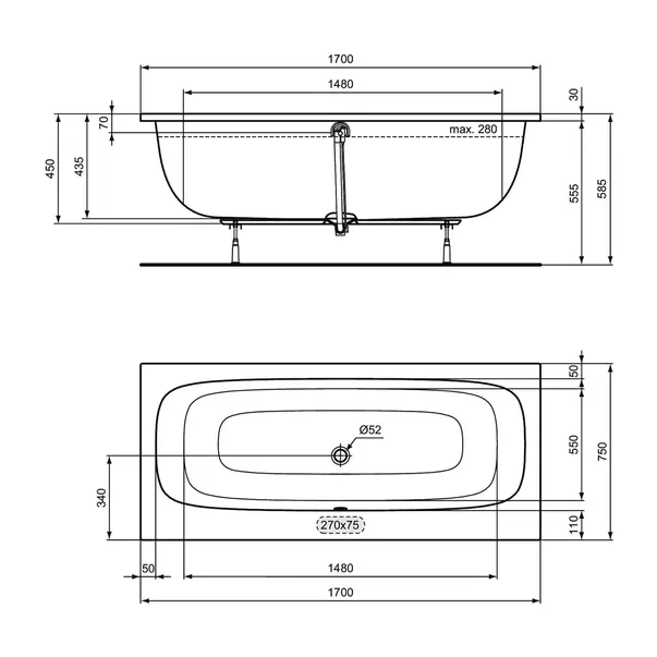 Cada dreptunghiulara Ideal Standard i.life 170X75 cm alb lucios [7]