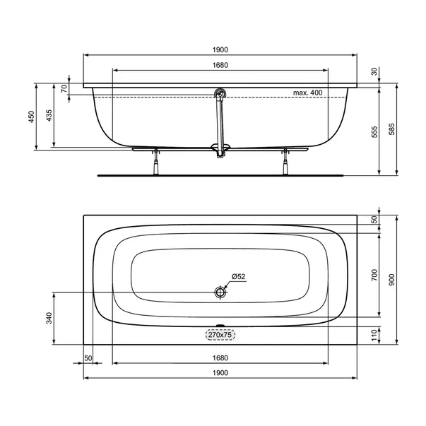 Cada dreptunghiulara Ideal Standard i.life 190X90 cm alb lucios [7]