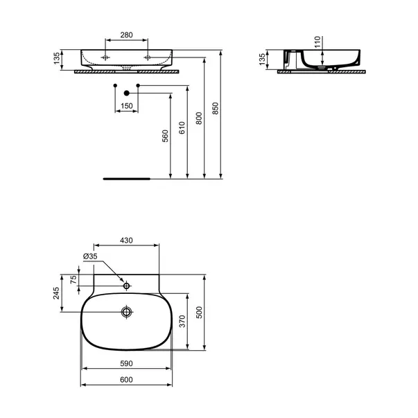 Lavoar suspendat Ideal Standard Atelier Linda-X alb lucios cu orificiu baterie 60 cm [12]