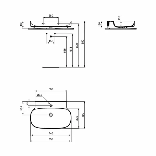 Lavoar suspendat Ideal Standard Atelier Linda-X cu orificiu baterie 75 cm alb lucios [11]