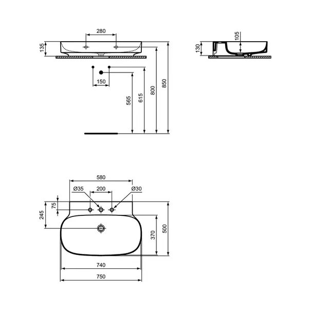 Lavoar suspendat Ideal Standard Atelier Linda-X alb lucios 75 cm cu 3 orificii baterie [12]