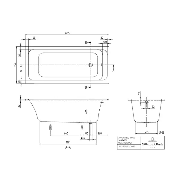 Cada dreptunghiulara Villeroy&Boch Architectura alb alpin 170x75 cm [3]