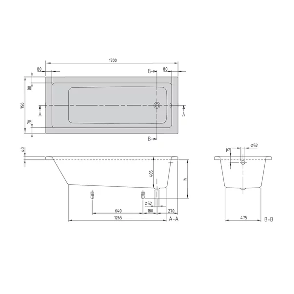 Cada dreptunghiulara Villeroy&Boch Targa Plus Solo alb alpin 170x75 cm, picioare incluse [2]