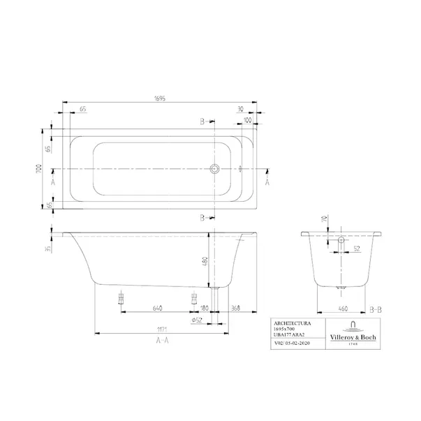 Cada dreptunghiulara Villeroy&Boch Architectura alb alpin 170x70 cm [3]