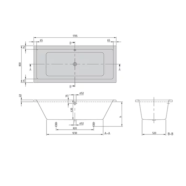 Cada dreptunghiulara Villeroy&Boch Targa Plus Duo alb alpin 180x80 cm, picioare incluse [2]