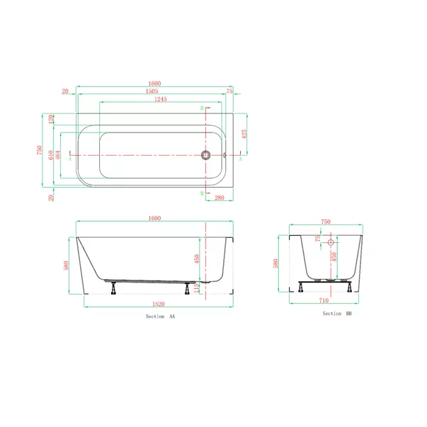 Cada freestanding Kreiner Maggie 160x75 cm finisaj alb dreapta lipita de perete BTW [5]