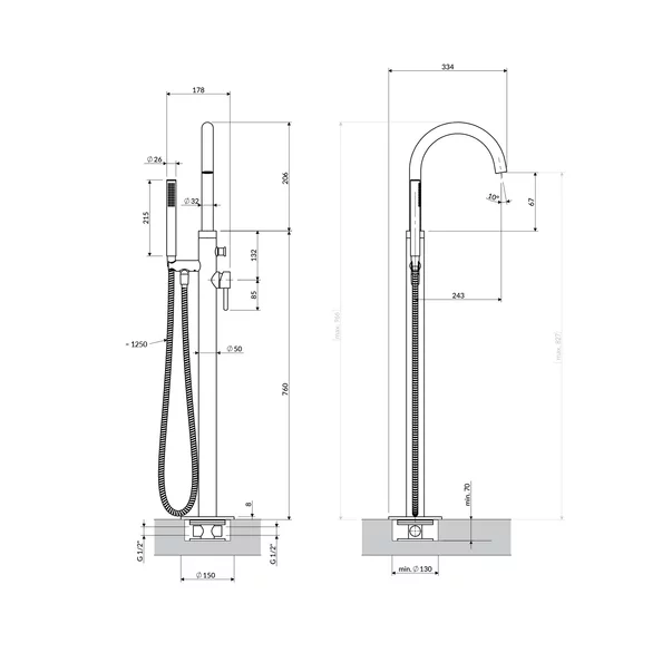 Baterie cada-dus freestanding Omnires Y monocomanda finisaj cupru periat [1]