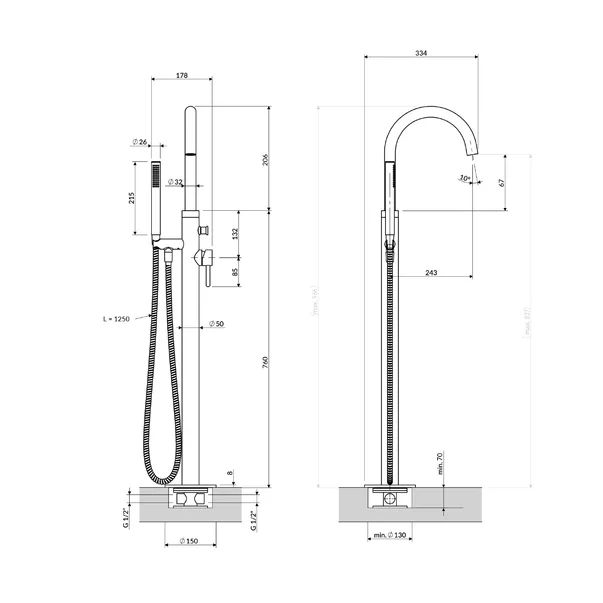 Baterie cada-dus freestanding Omnires Y monocomanda finisaj auriu periat [1]