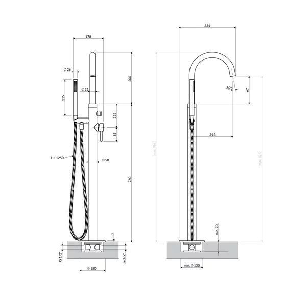 Baterie cada-dus freestanding Omnires Y monocomanda finisaj alb mat [3]