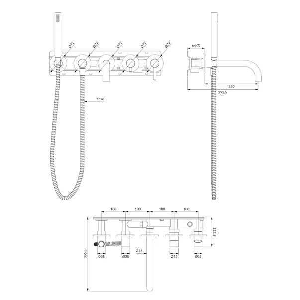 Baterie cada - dus incastrata Omnires Y 5 orificii auriu cu corp ingropat si set de dus [5]