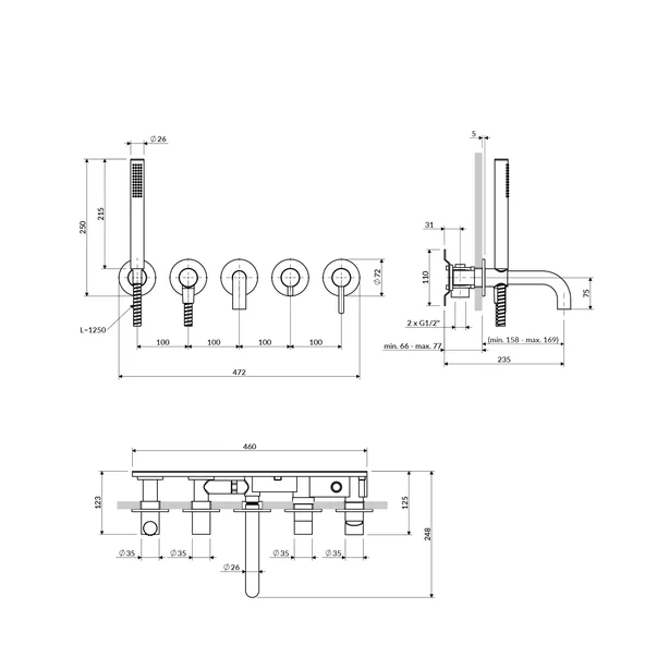 Baterie cada-dus incastrata Omnires Y finisaj negru semimat 5 elemente cu corp ingropat pipa 17 cm [1]
