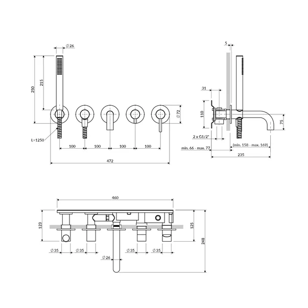 Baterie cada-dus incastrata Omnires Y finisaj alama periata 5 elemente cu corp ingropat pipa 17 cm [1]