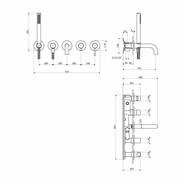 Baterie cada - dus incastrata Omnires Y 5 orificii auriu periat cu corp ingropat si set de dus [2]