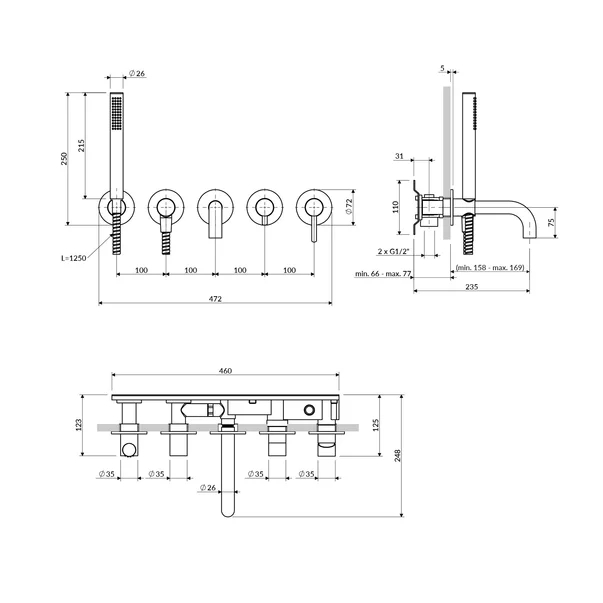 Baterie cada-dus incastrata Omnires Y finisaj alb mat 5 elemente cu corp ingropat pipa 17 cm [1]