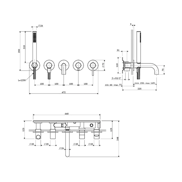 Baterie cada-dus incastrata Omnires Y finisaj alb mat 5 elemente cu corp ingropat pipa 23 cm [1]