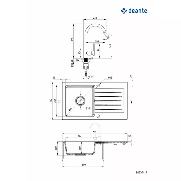 Set chiuveta bucatarie si baterie Deante Zorba finisaj bej 76x44cm [2]