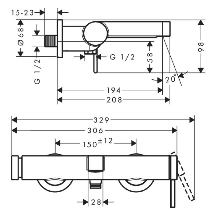 Baterie cada - dus, Hansgrohe, Finoris, montaj aparent, crom [2]