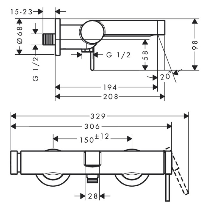 Baterie cada - dus, Hansgrohe, Finoris, montaj aparent, negru mat [2]