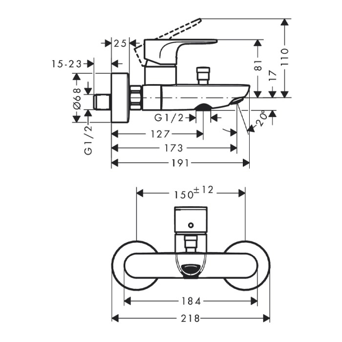 Baterie cada-dus, Hansgrohe, Rebris S, crom [2]