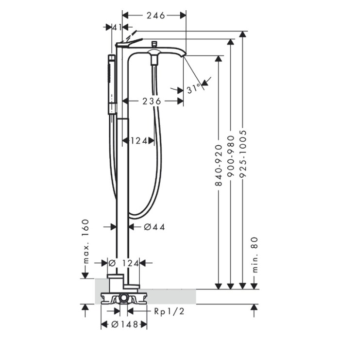 Baterie cada stativa, Hansgrohe, Vivenis, pentru cazile freestanding, crom [2]