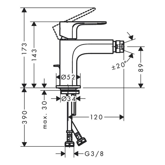 Baterie de bideu, Hansgrohe, Rebris E, cu ventil, crom [2]