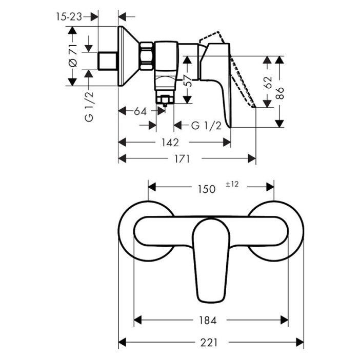 Baterie dus Hansgrohe, Talis E, montaj pe perete, bronz periat [2]