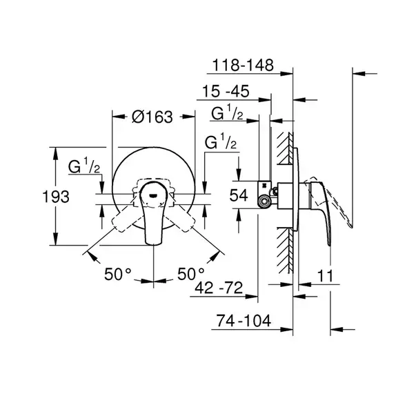 Baterie dus incastrata Grohe Eurosmart crom lucios cu corp ingropat [4]