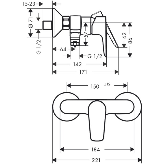 Baterie dus montaj pe perete, Hansgrohe, Talis E, Crom [2]