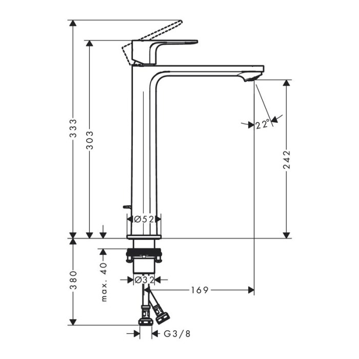 Baterie inalta de lavoar cu ventil, Hansgrohe, Rebris S 240, CoolStart, negru mat [2]