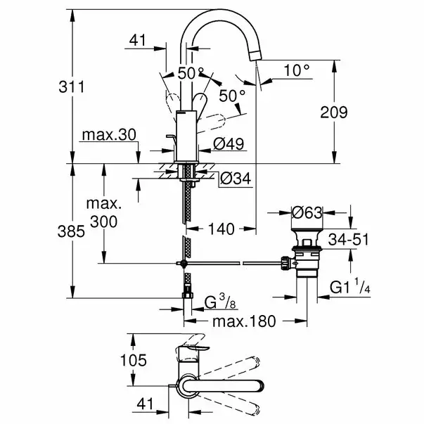 Baterie lavoar Grohe BauEdge L pipa tip C crom lucios [3]