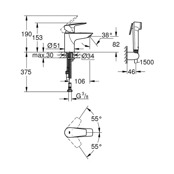 Baterie lavoar Grohe BauEdge New S cu dus igienic crom [2]